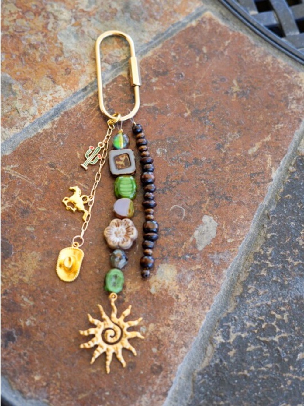 Gold Sun Charm Multi-Bead Keychain Charm - Green and Brown